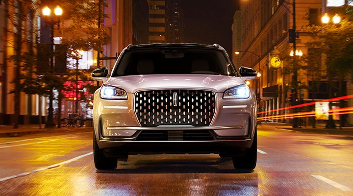 The striking grille of a 2024 Lincoln Corsair® SUV is shown. | Bedford Lincoln PA in Bedford PA