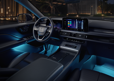 Deep blue ambient lighting glows from various places within a 2025 Lincoln Aviator® SUV. | Bedford Lincoln PA in Bedford PA